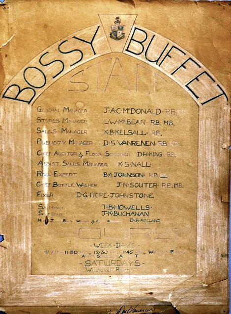 Poster listing Student Staff of the 'Bossy Buffet' Tuck Shop, 1942.